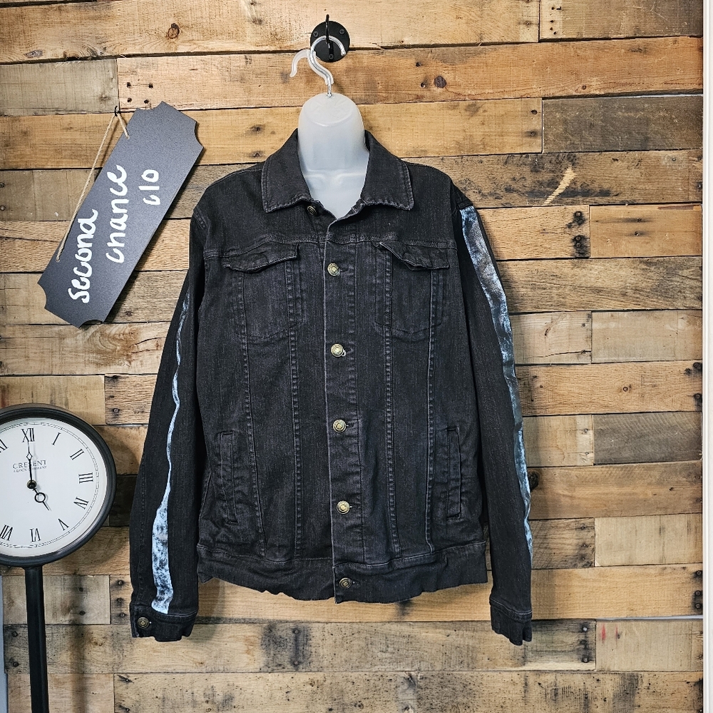 SALE-Pink Dolphin unisex black  jean Jacket with blue stripes Large